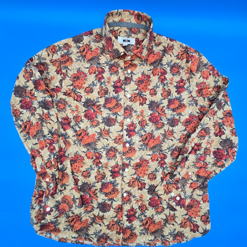 Joseph Abboud Mens XL Floral Rose Button Down Shirt Orange Tan Stretch Cotton